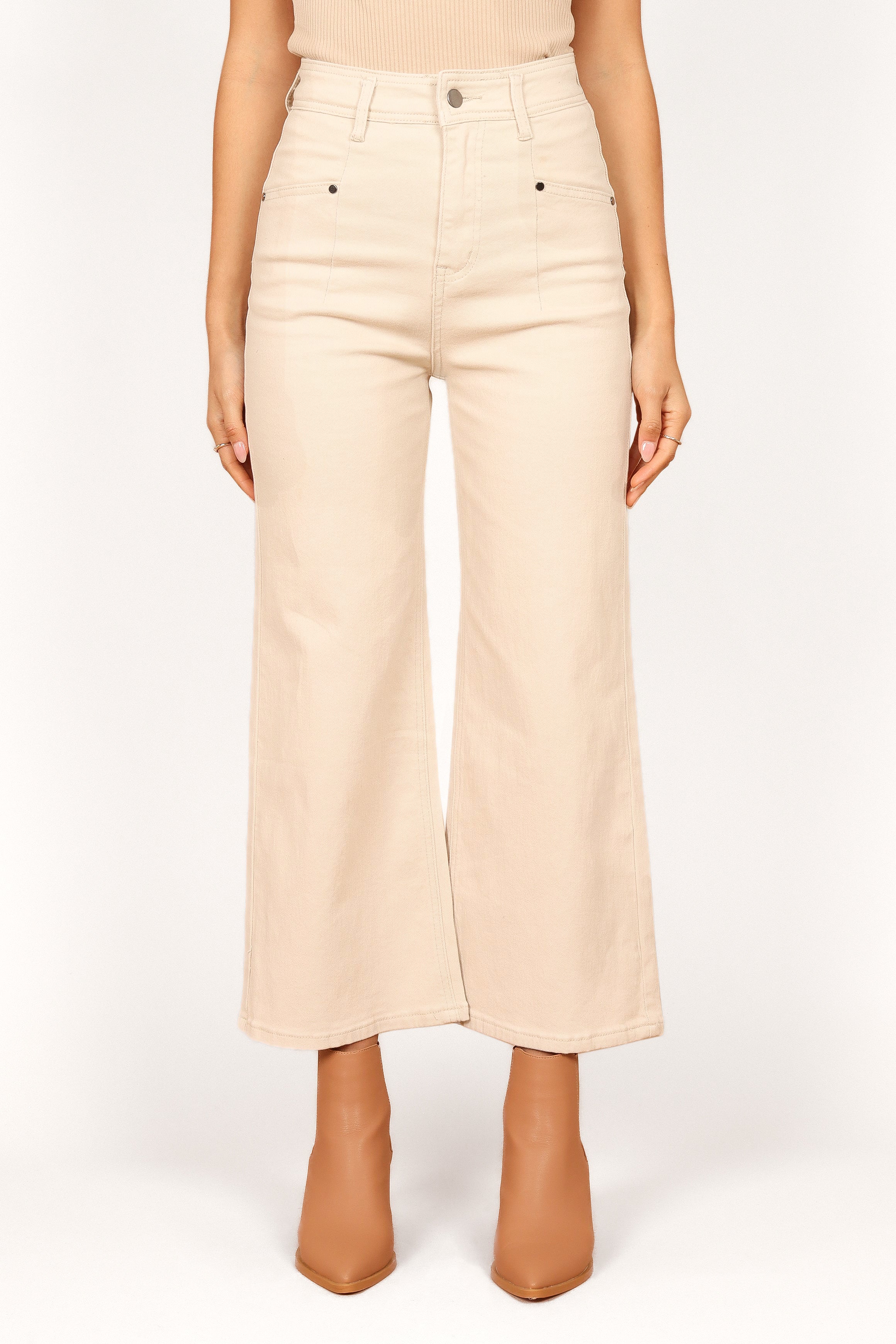 Georgette High Waisted Straight Leg Pants - Beige